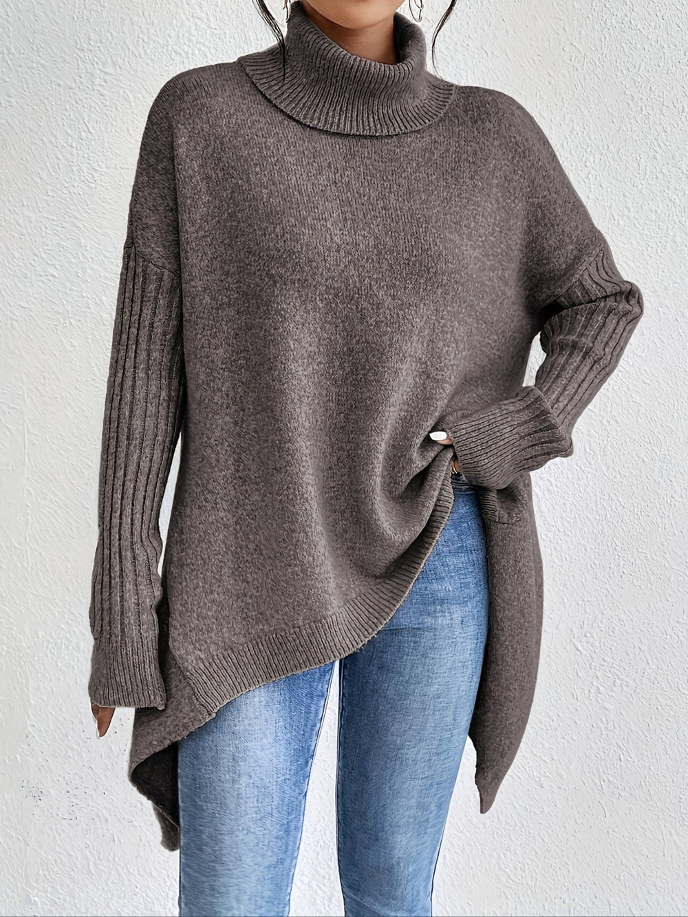 Halvara | Women's Oversized Turtleneck Knit Sweater - Blue - Image 2