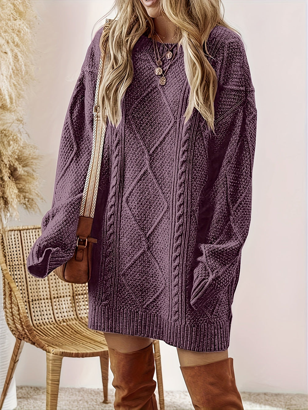 Halvenne | Women's Cable Knit Sweater Dress - Plum - Image 2