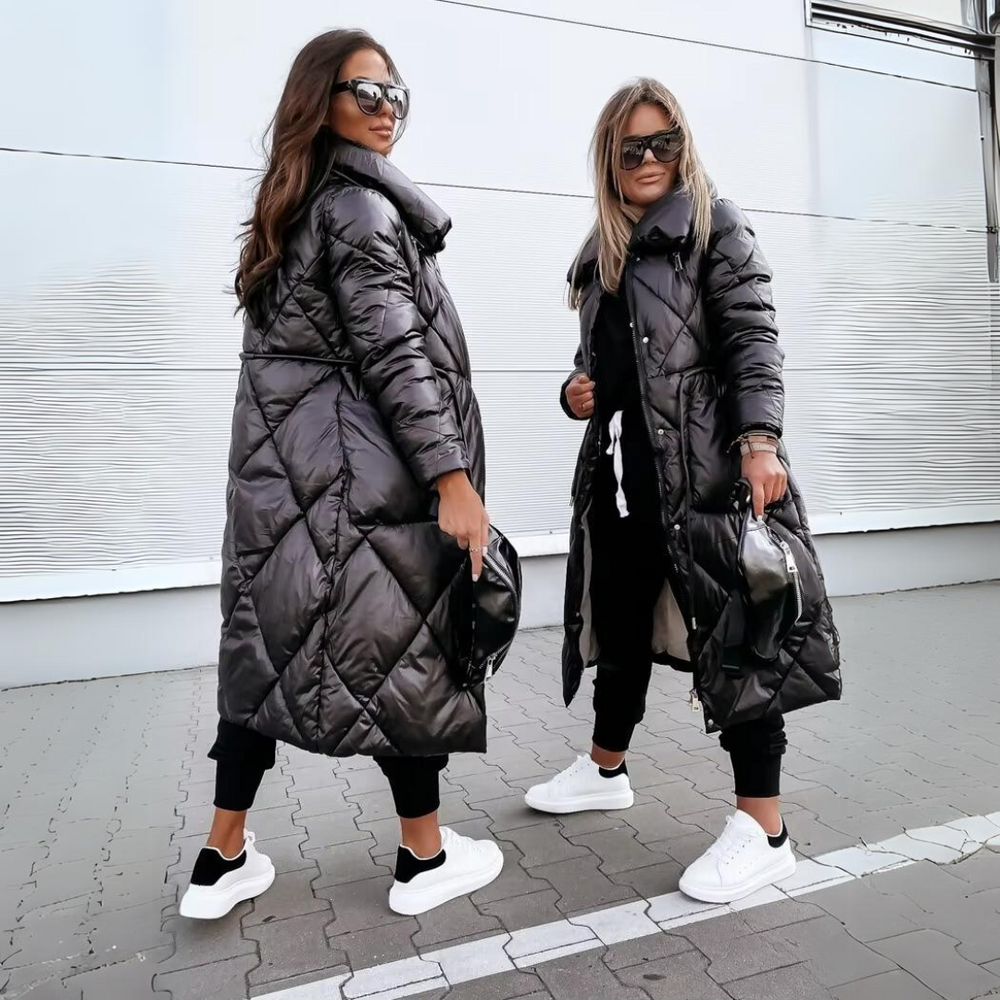 Halvessa | Women's Long Quilted Puffer Coat - Dark Grey - Image 2
