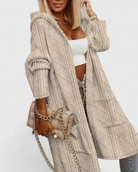 Lavinia | Women's Hooded Cable Knit Cardigan Sweater - Beige - Image 1