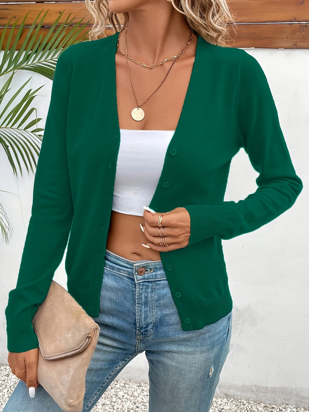 Linnea | Women's Button-Front Cardigan Sweater - Dark Green - Image 1