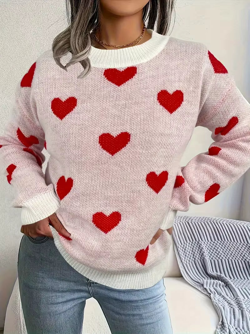 Lorrwyn | Women's Heart Print Oversized Knit Sweater - Light Pink - Image 1