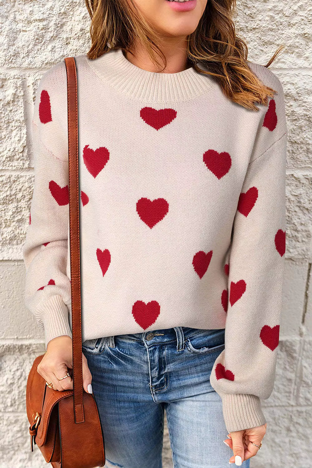 Lorrwyn | Women's Heart Print Oversized Knit Sweater - Light Pink - Image 2