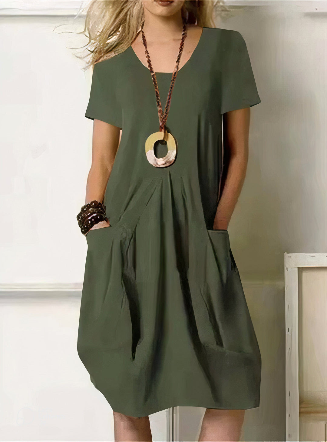 Lyndecove | Women's Fall Dress with Pockets - Olive Green - Image 1