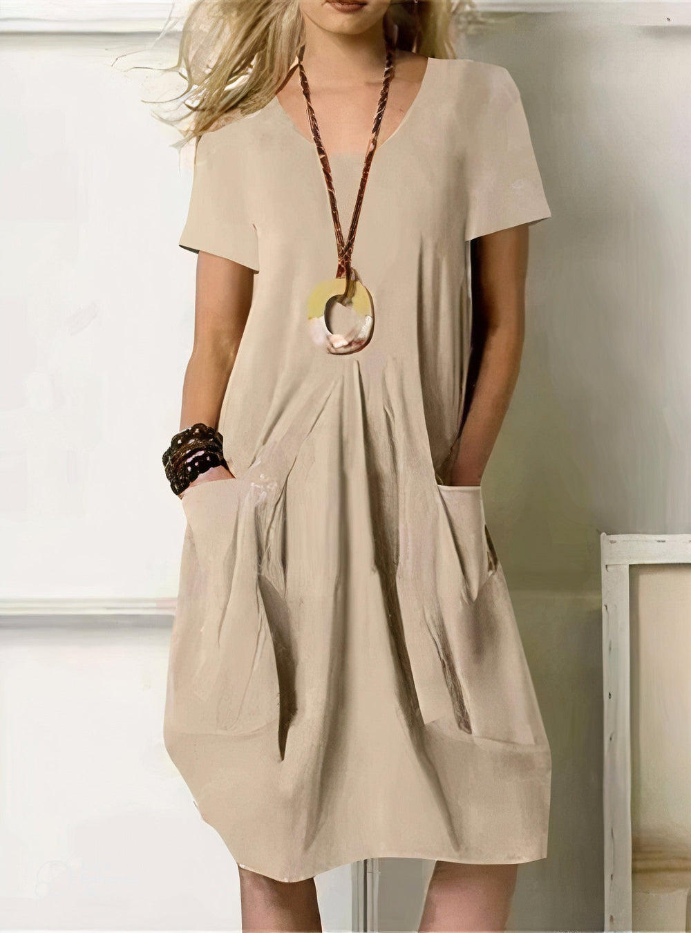 Lyndecove | Women's Fall Dress with Pockets - Olive Green - Image 2