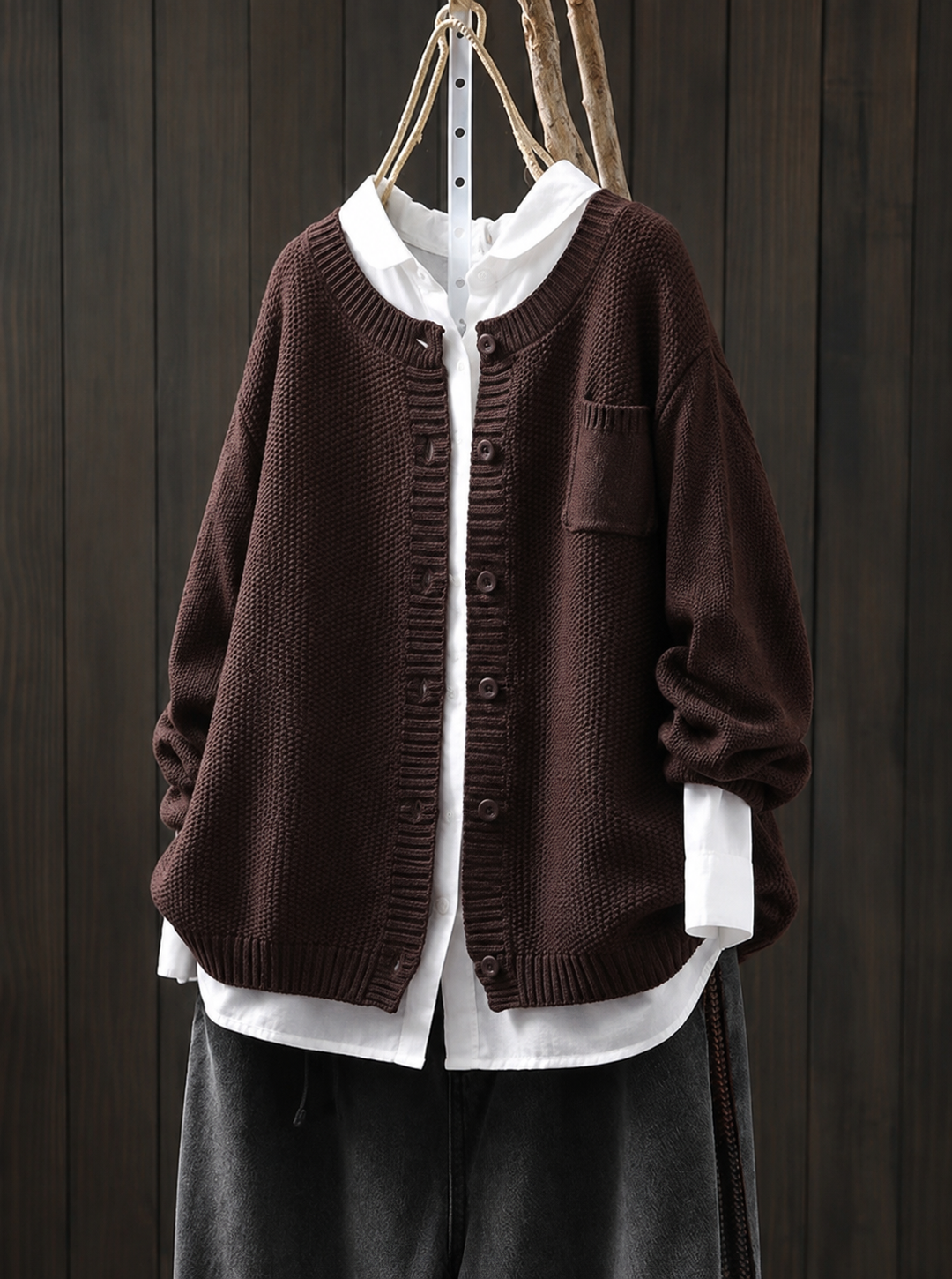 Marvena | Women's Relaxed Fit Cardigan Sweater - Dark Brown - Image 1