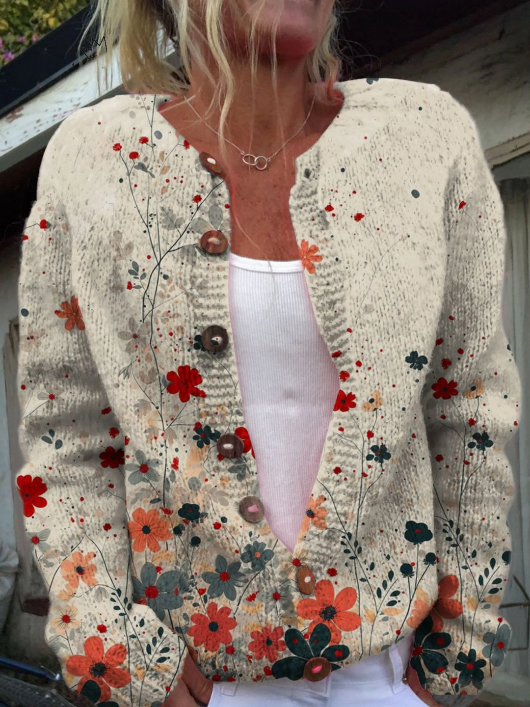 Meridith | Women's Floral Print Cardigan Sweater - Cream - Image 1
