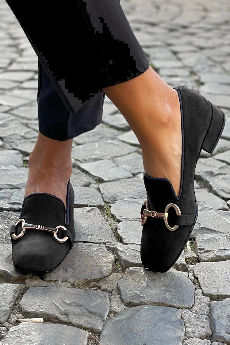 Nevara | Women's Penny Loafers with Low Block Heel - Black - Image 1