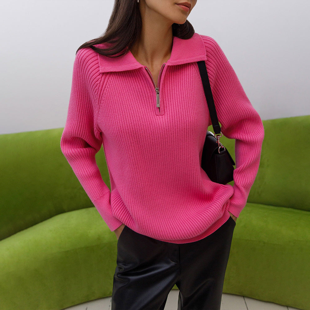 Pellara | Women's Oversized Knit Quarter-Zip Sweater - Hot Pink - Image 1