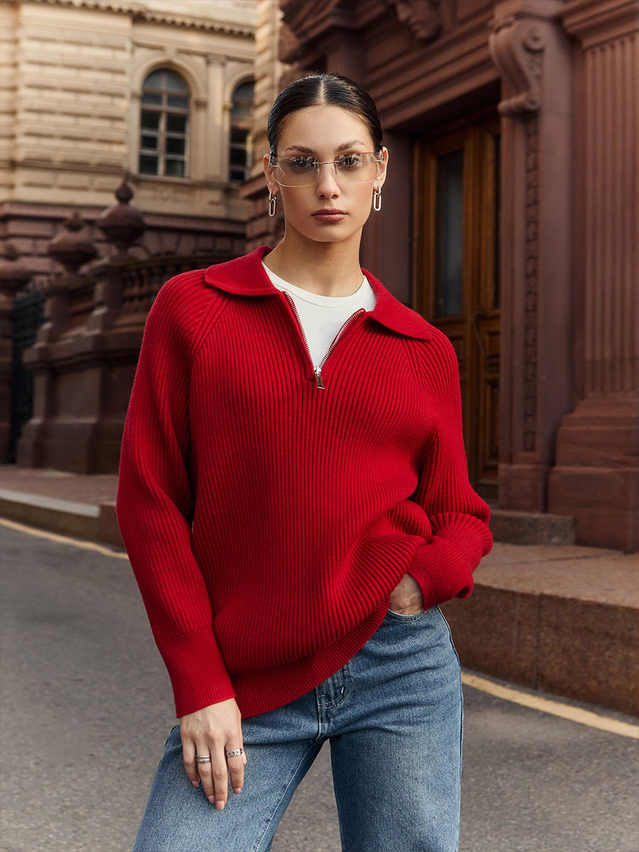 Pellara | Women's Oversized Knit Quarter-Zip Sweater - Hot Pink - Image 2