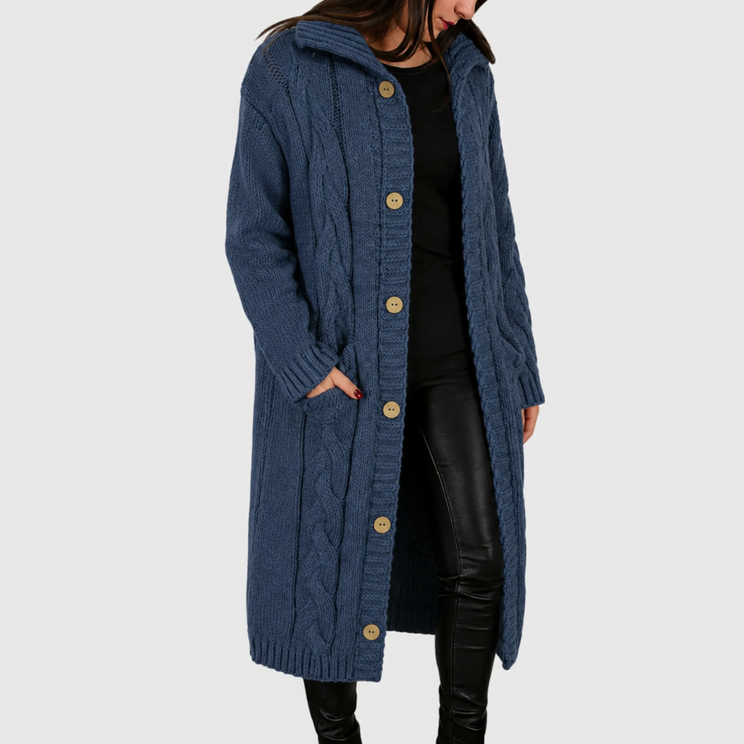 Quorwyn | Women's Cable Knit Long Cardigan Winter Coat - Navy - Image 1