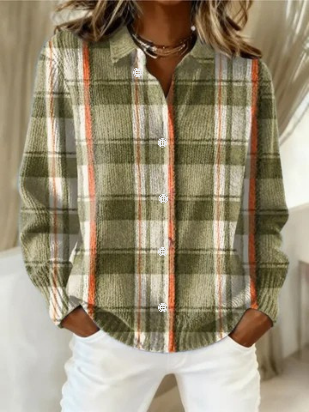 Romaine | Women's Plaid Cardigan Sweater - Olive Green - Image 1