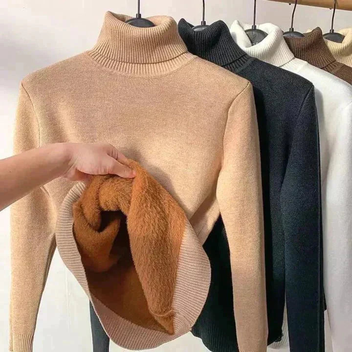 Rowanelle | Women's Fleece-Lined Turtleneck Sweater - Camel - Image 1