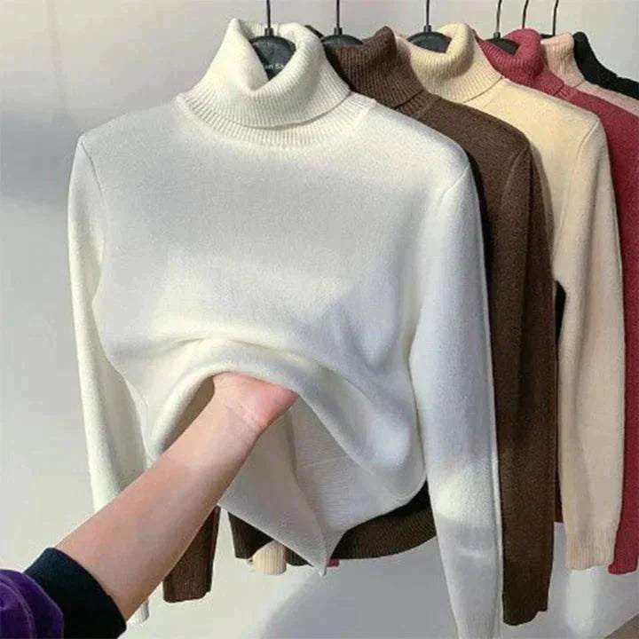 Rowanelle | Women's Fleece-Lined Turtleneck Sweater - Camel - Image 2