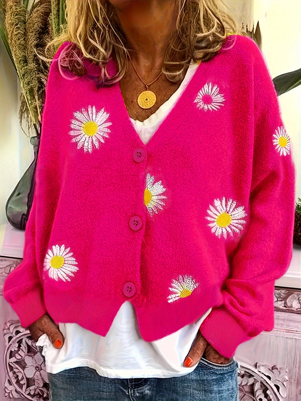Saolan | Women's Daisy Embroidered Cardigan Sweater - Green - Image 2