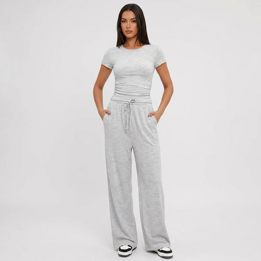 Selvaine | Women's Fleece Loungewear Set Wide Leg - Light Grey - Image 1