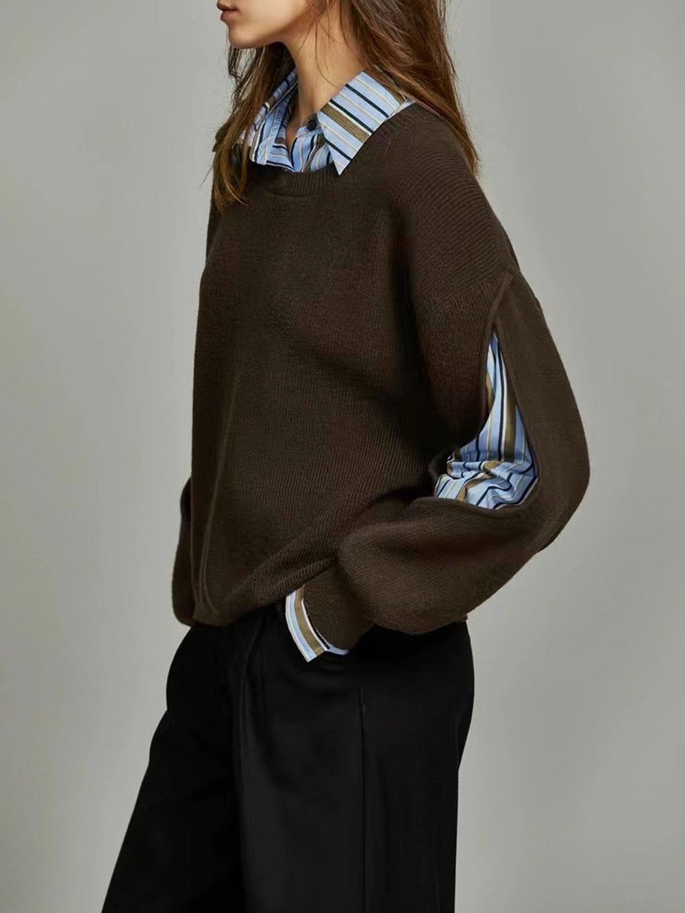 Selvaine | Women's Layered Pullover Sweater - Brown - Image 2