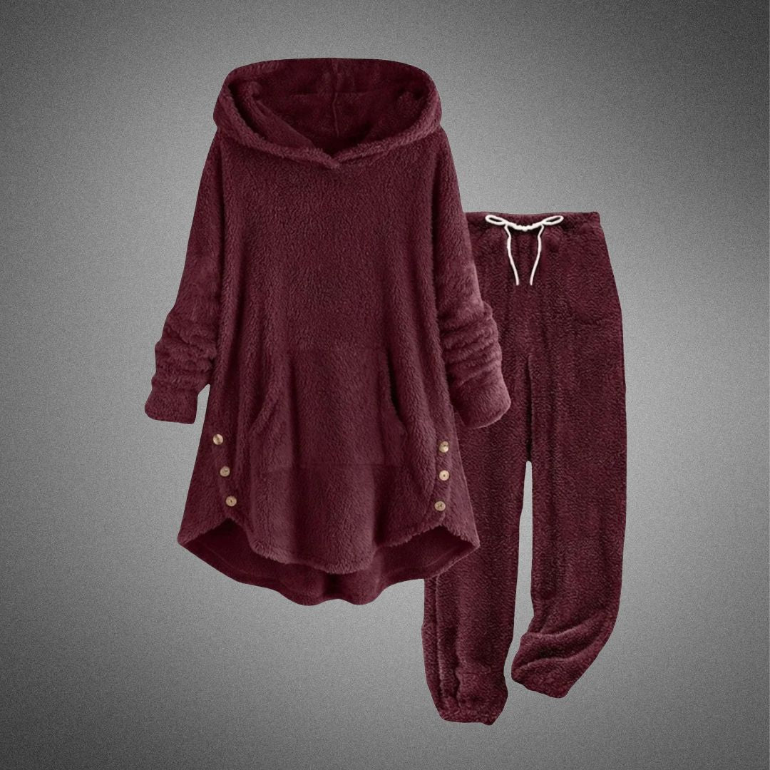 Selvara | Women's Fleece Hoodie and Jogger Lounge Set - Burgundy - Image 1