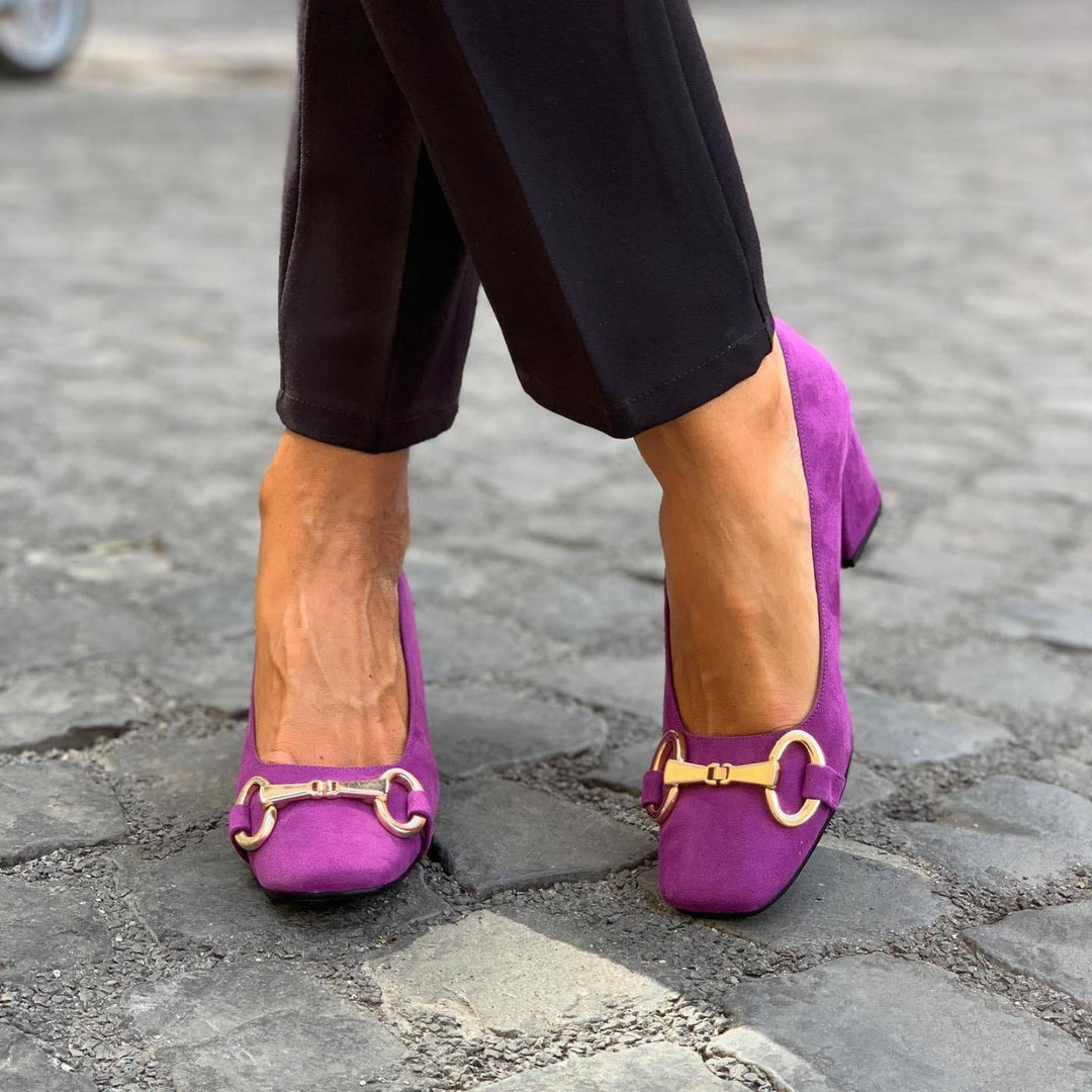 Selvorne | Women's Block Heel Penny Loafer Pumps - Purple - Image 1