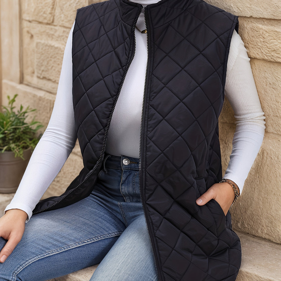 Selvorne | Women's Quilted Vest Longline Jacket - Black - Image 1
