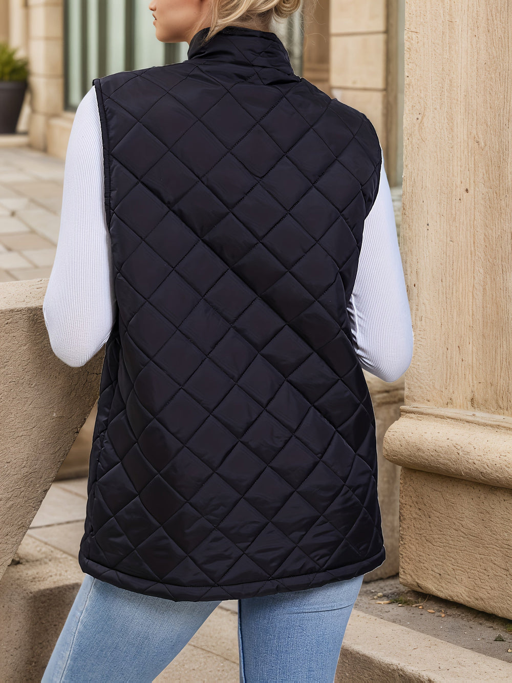 Selvorne | Women's Quilted Vest Longline Jacket - Black - Image 2