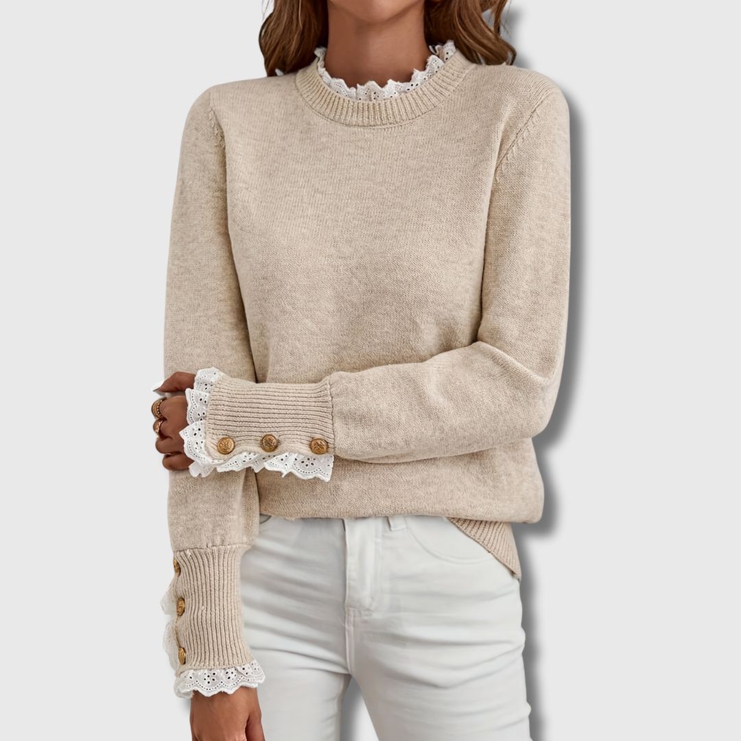 Solvindra | Women's Oversized Knit Sweater with Lace Detail - Beige - Image 1