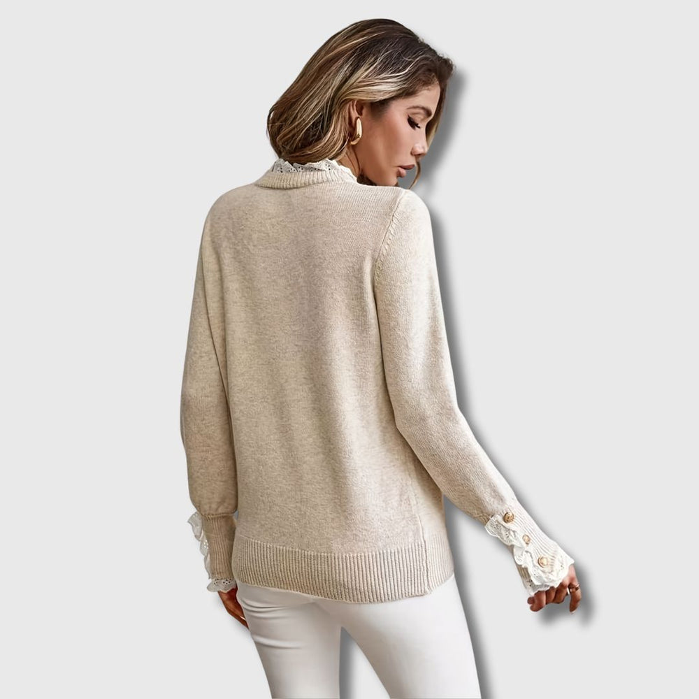 Solvindra | Women's Oversized Knit Sweater with Lace Detail - Beige - Image 2