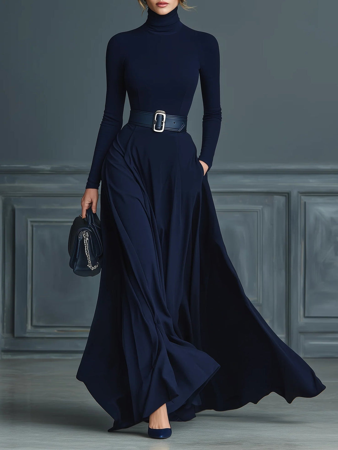 Sorvenwyn | Women's Turtleneck Maxi Sweater Dress with Belt - Navy - Image 1