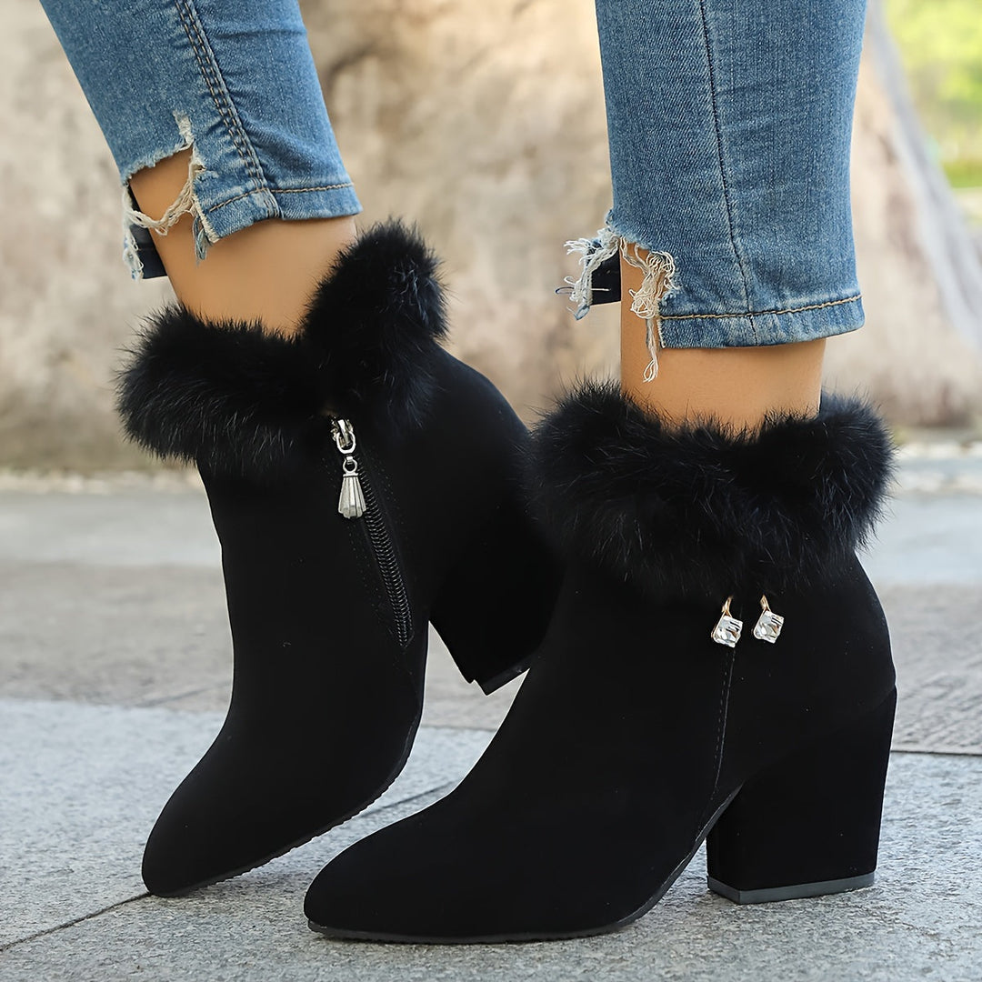 Tambren | Women's Fur Trim Block Heel Ankle Boots - Black - Image 1