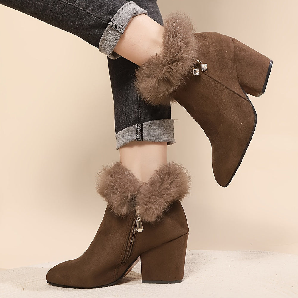 Tambren | Women's Fur Trim Block Heel Ankle Boots - Black - Image 2