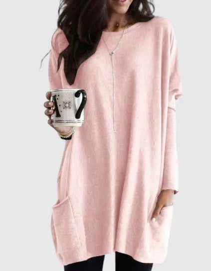 Tavewyn | Women's Long Sleeve Pocket Tunic Top - Pink - Image 1