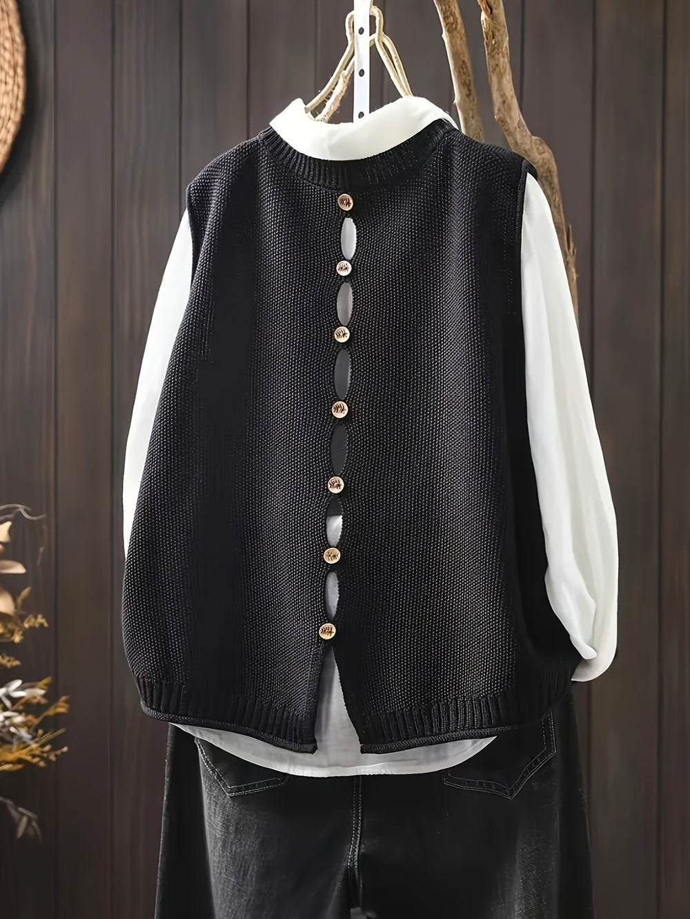 Tavewyn | Women's Oversized Knit Sweater Vest - Black - Image 2