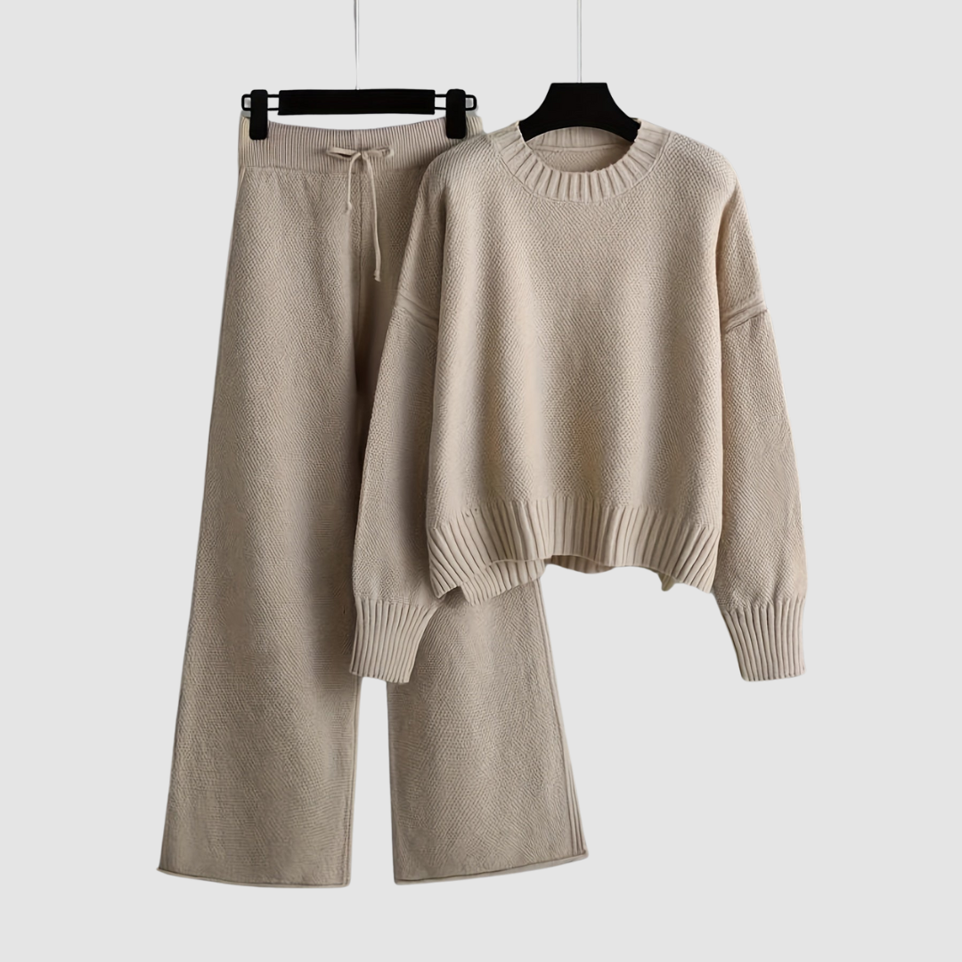 Thelvorn | Women's Fleece Loungewear Set Wide-Leg Pants - Cream - Image 1
