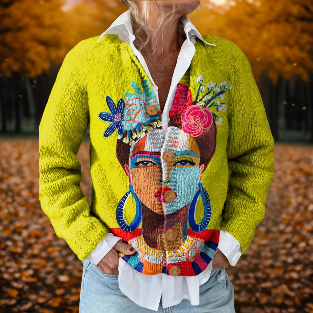 Thessaly | Women's Art Print Cardigan Sweater - Yellow - Image 1