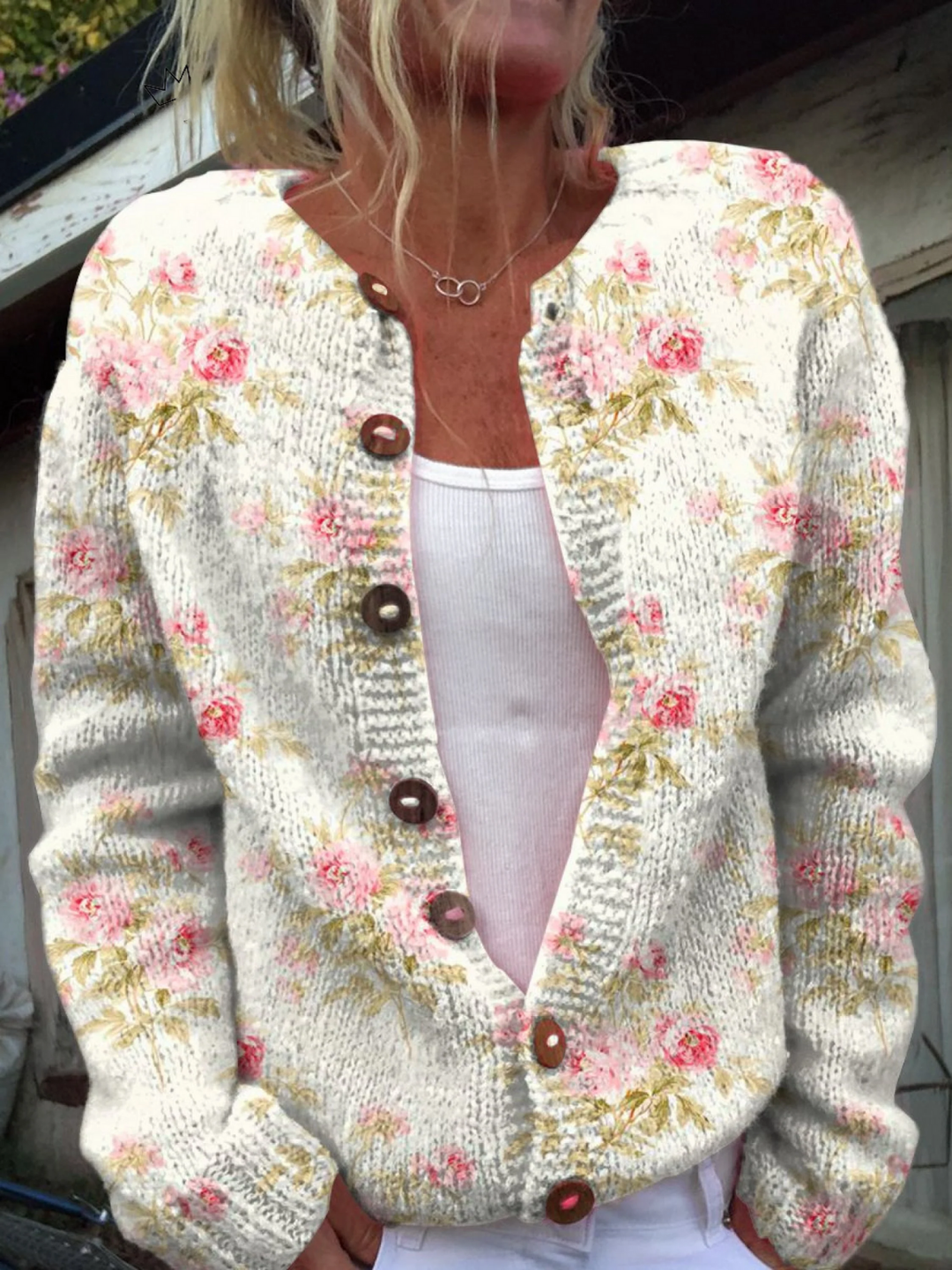 Thessaly | Women's Floral Knit Cardigan Sweater - Floral - Image 1