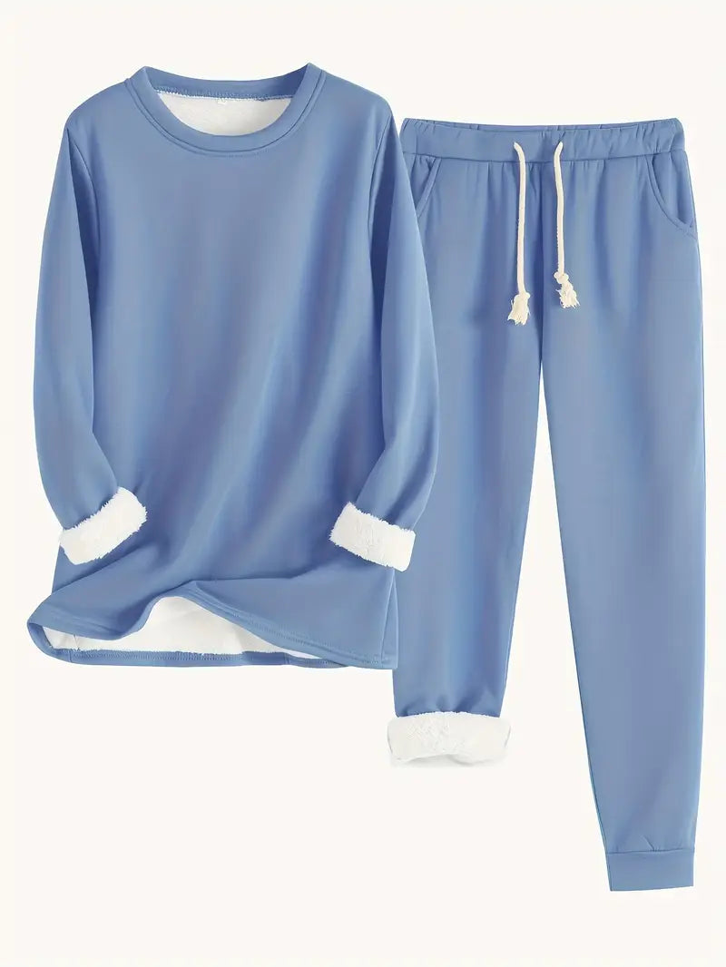 Thessara | Women's Fleece-Lined Sweatsuit Lounge Set - Blue - Image 1