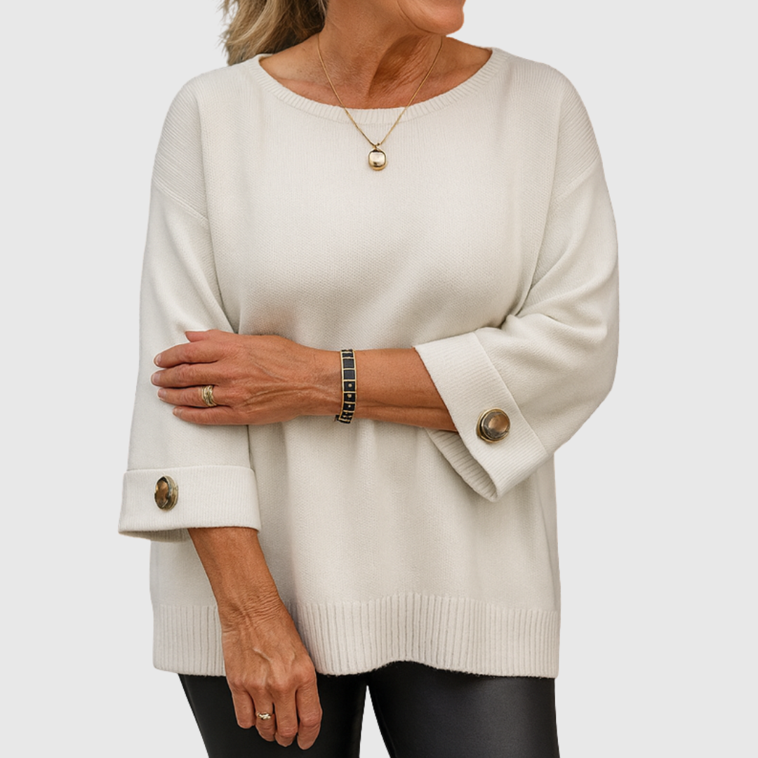 Threnelle | Women's Oversized Knit Sweater with Button Cuffs - Cream - Image 1
