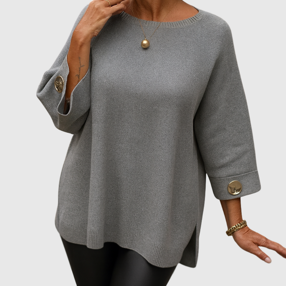 Threnelle | Women's Oversized Knit Sweater with Button Cuffs - Cream - Image 2