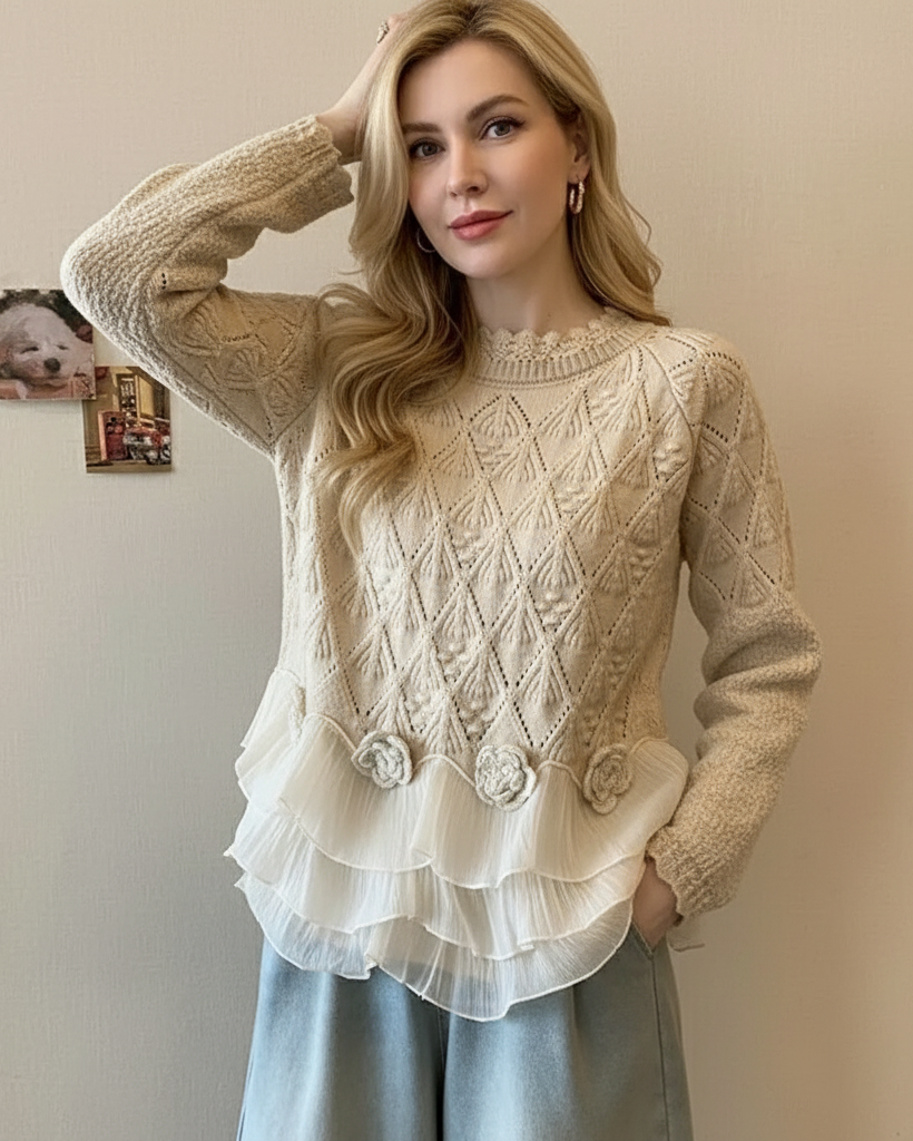 Threnelle | Women's Oversized Knit Sweater with Ruffle Hem - Cream - Image 1