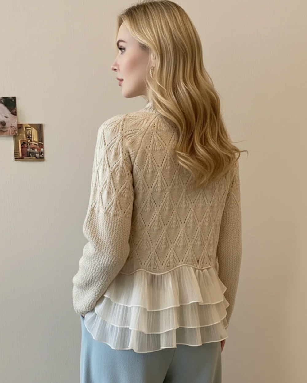 Threnelle | Women's Oversized Knit Sweater with Ruffle Hem - Cream - Image 2