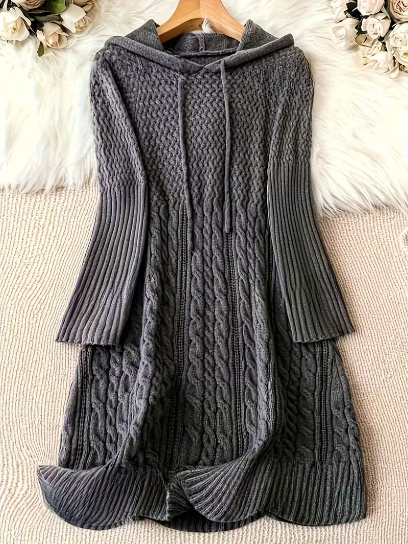 Threnwyn | Women's Hooded Cable Knit Sweater Dress - Dark Grey - Image 1