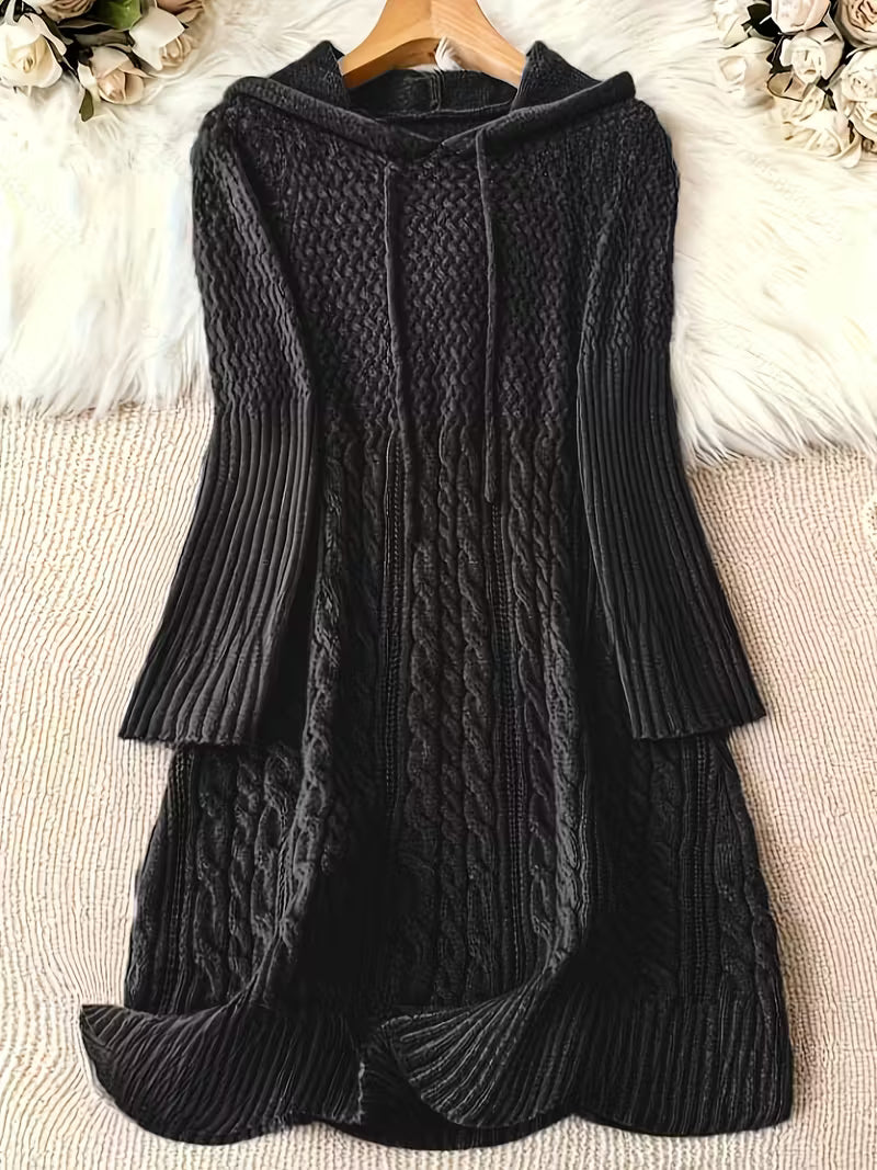 Threnwyn | Women's Hooded Cable Knit Sweater Dress - Dark Grey - Image 2