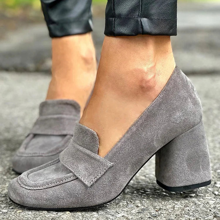 Toverine | Women's Block Heel Penny Loafers - Grey - Image 1