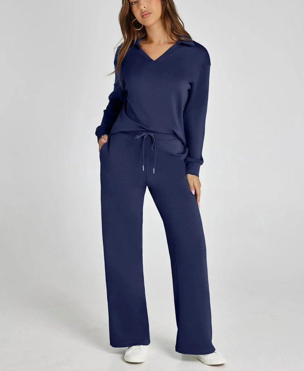 Trevinna | Women's Fleece Loungewear Set Wide Leg - Navy - Image 1