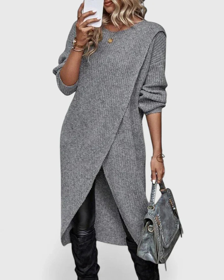 Vaelindra | Women's Knit Sweater Dress with Wrap Hem - Grey - Image 1