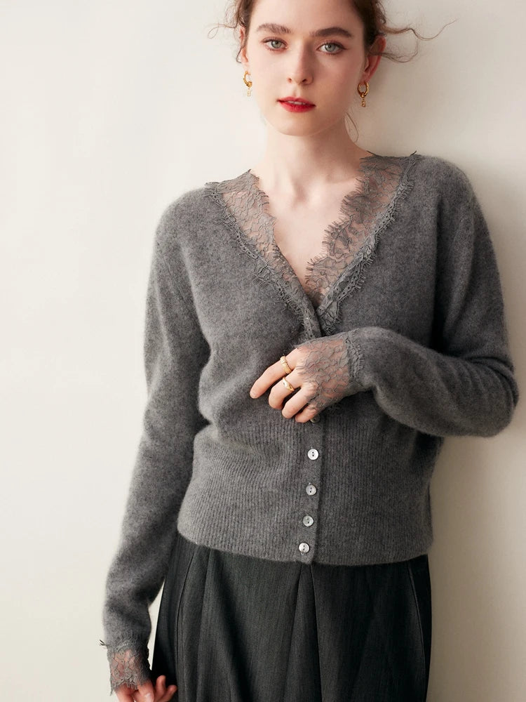 Varsha | Women's Lace-Trim Cardigan Sweater - Grey - Image 1