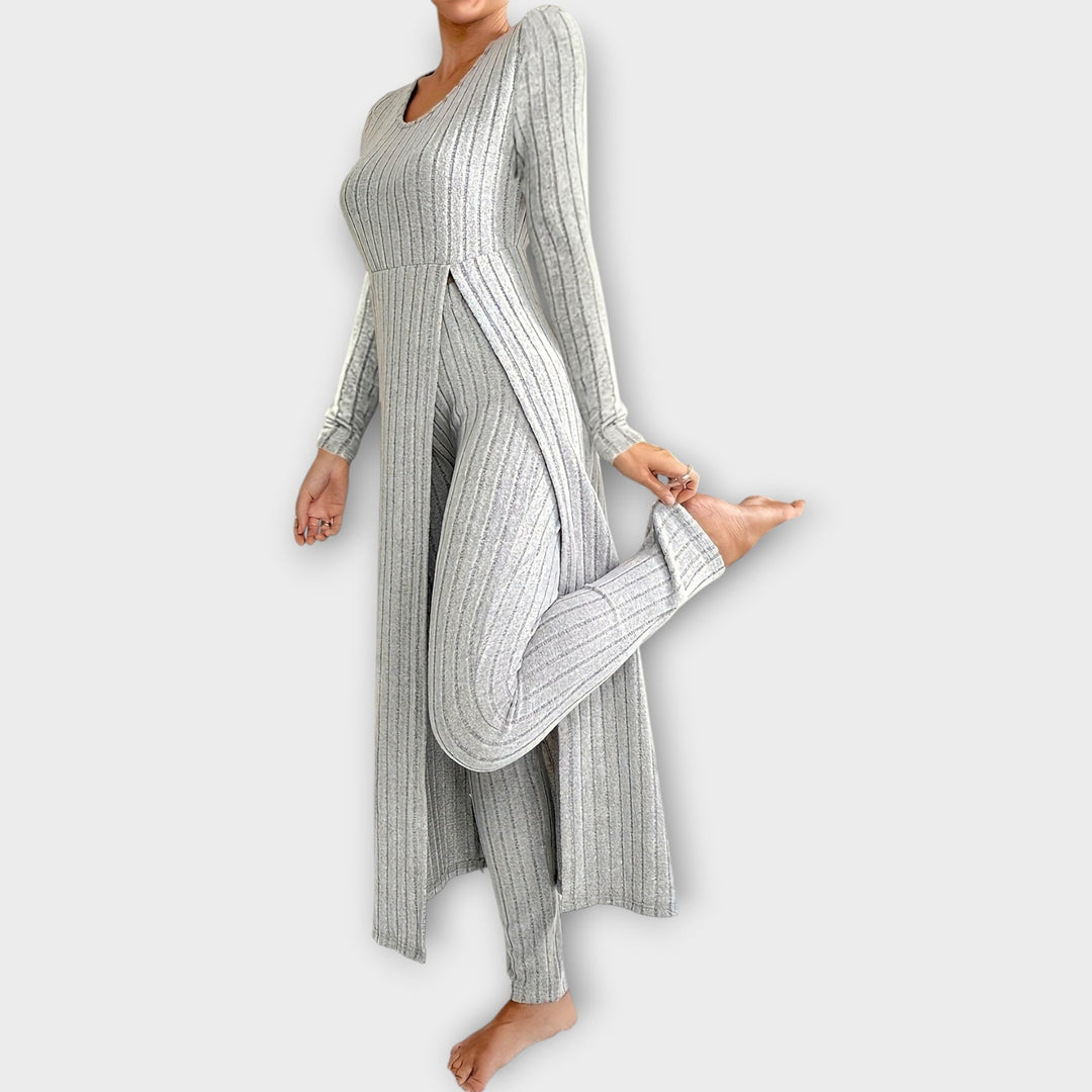 Velnova | Women's Fleece Loungewear Set Ribbed Knit - Light Grey - Image 1
