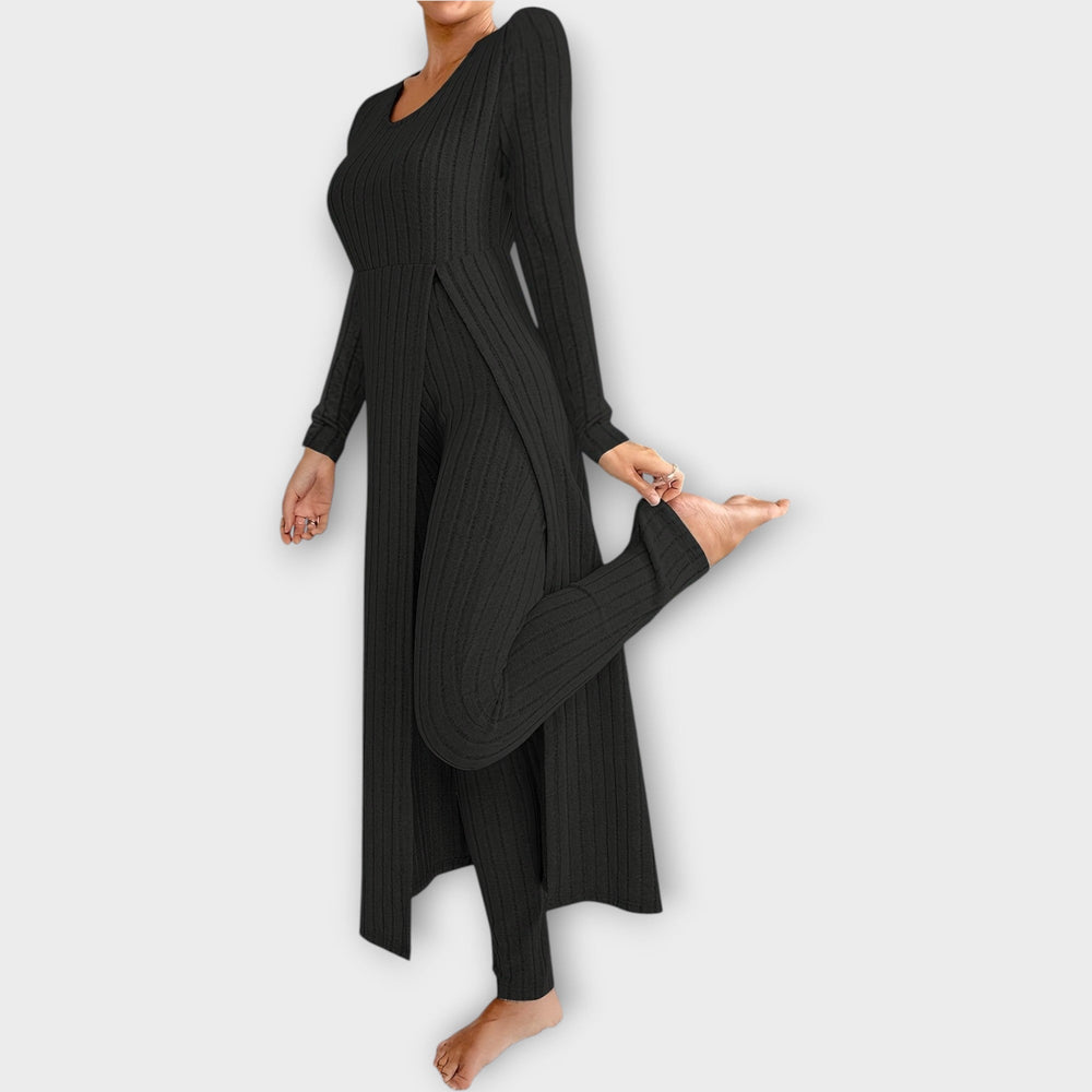Velnova | Women's Fleece Loungewear Set Ribbed Knit - Light Grey - Image 2