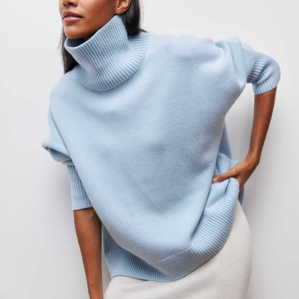 Veradine | Women's Oversized Turtleneck Knit Sweater - Light Blue - Image 1