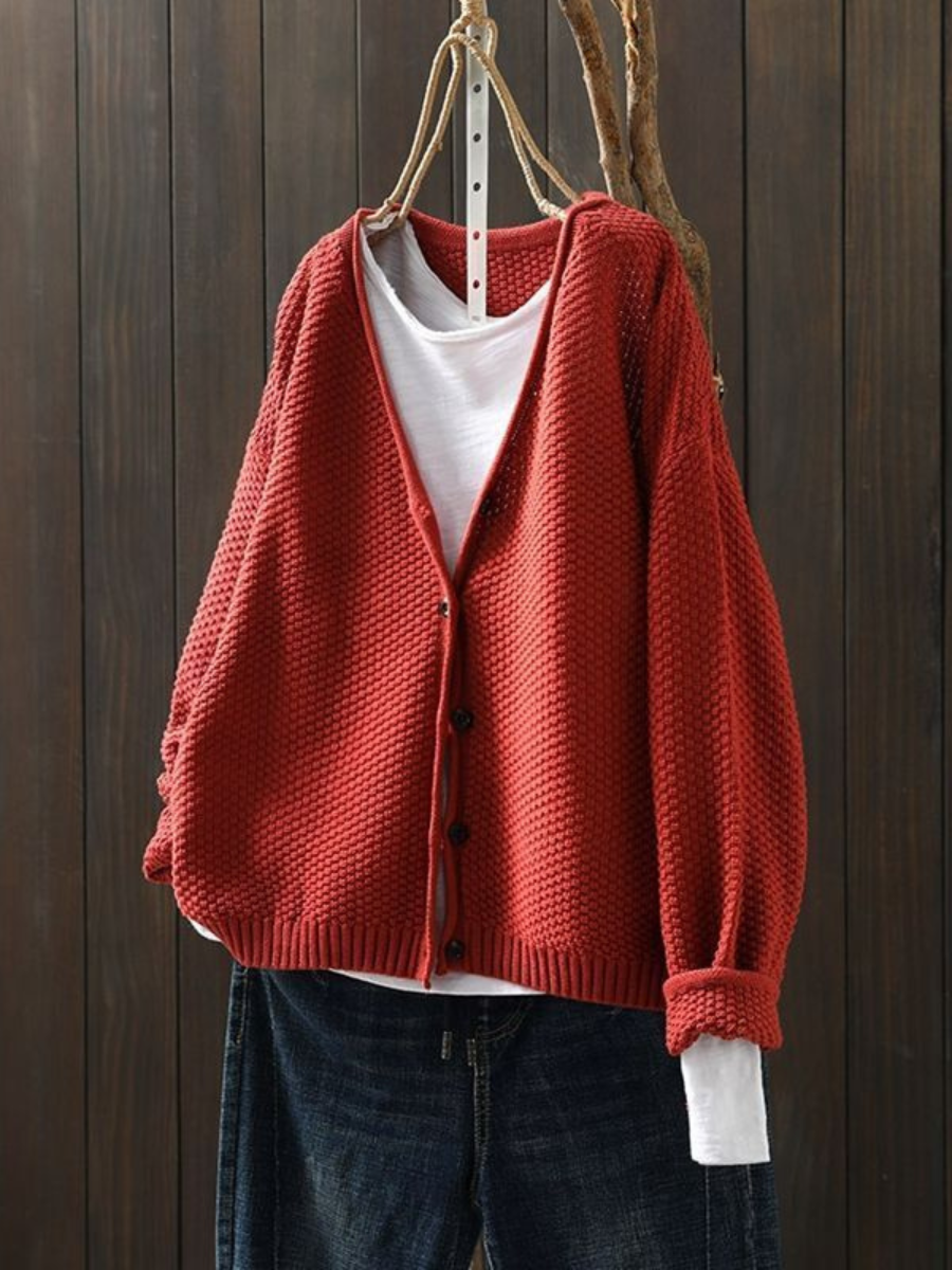Verdana | Women's Relaxed Fit Knit Cardigan Sweater - Red - Image 1